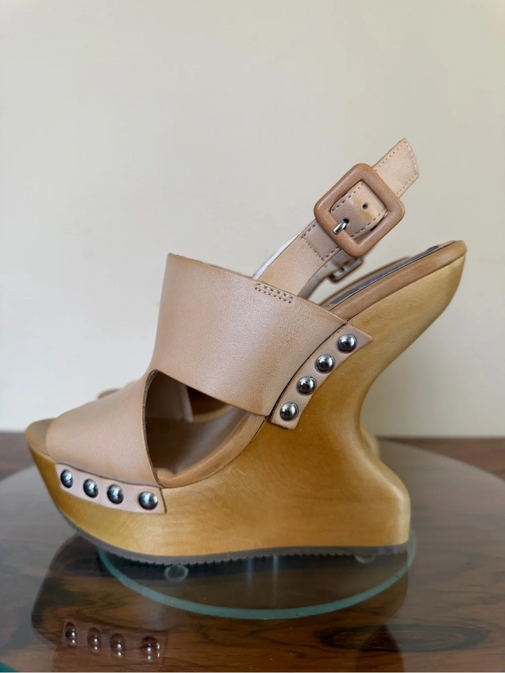 Gray Saks Fifth Avenue Gianna Wood Wedge Platform Sandals in size 5